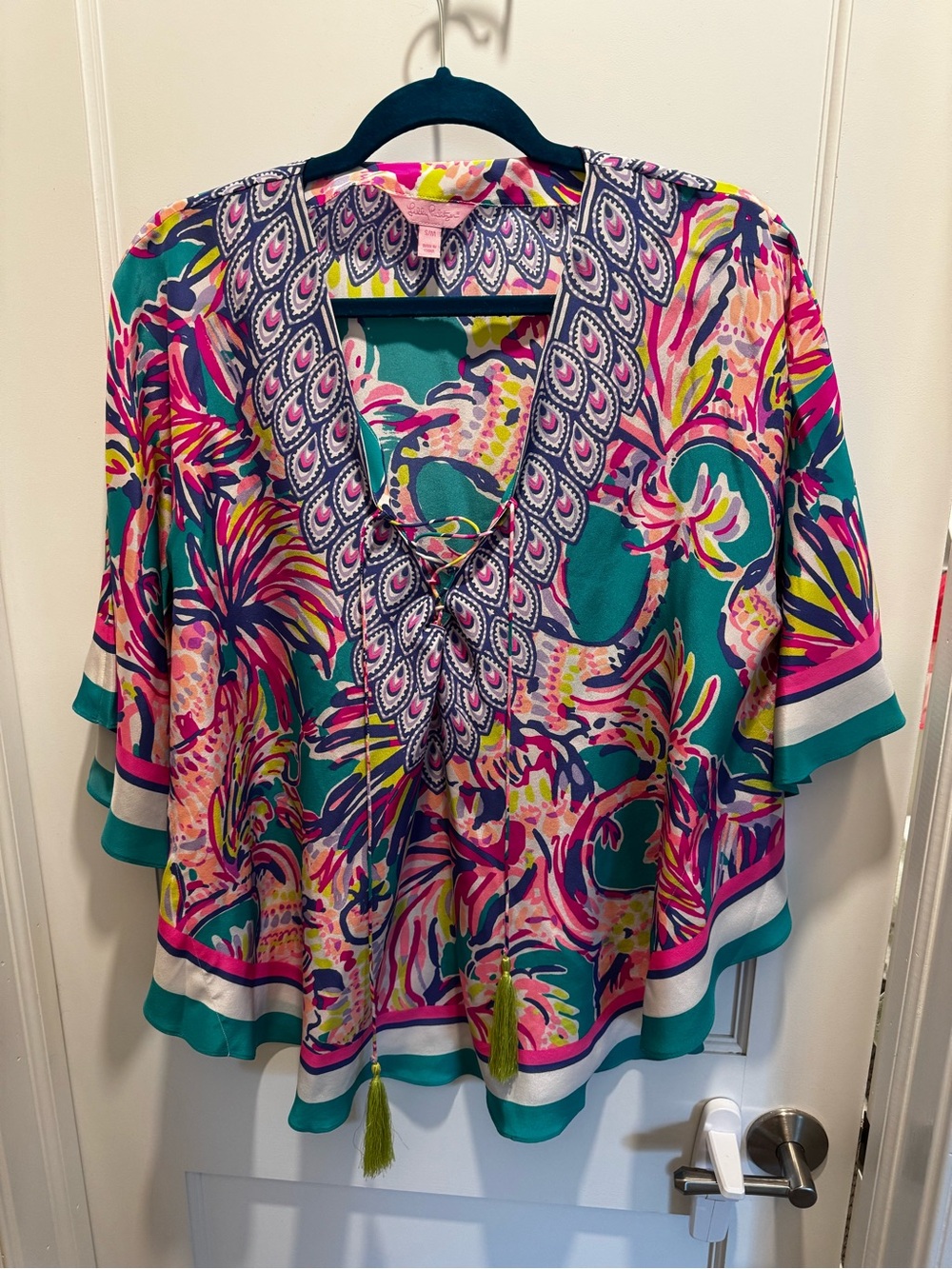 Lilly Pulitzer Women’s Teal & Pink Printed V-Neck Blouse